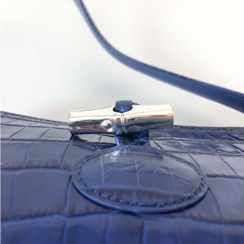 Longchamp Roseau Blue Croc Embossed Shoulder Bag Vintage Y2K Bamboo Toggle - Picture 7 of 11